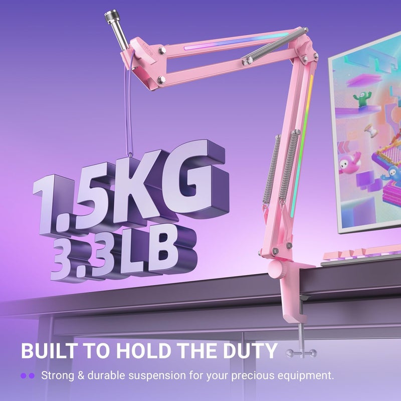 FIFINE Microphone Boom Arm, Metal Adjustable Mic Arm Stand with RGB Button, 3/8” to 5/8” Screw Adapter, Desk Mount Clamp, Suspension Scissor Mic Stand for Gaming Streaming Podcast-AmpliGame BM38P - Image 2